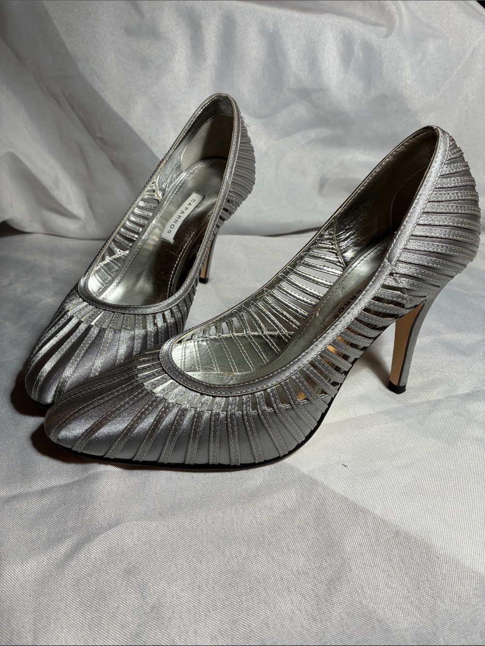 Caparros Silver Pleated Strappy Pointed Toe Pumps